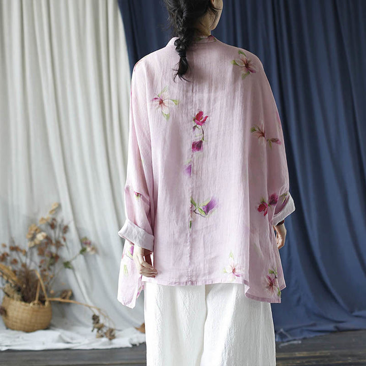 Buddha Stones Pink Flower Print Frog-button Design Batwing Long Sleeve Ramie Linen Jacket Shirt