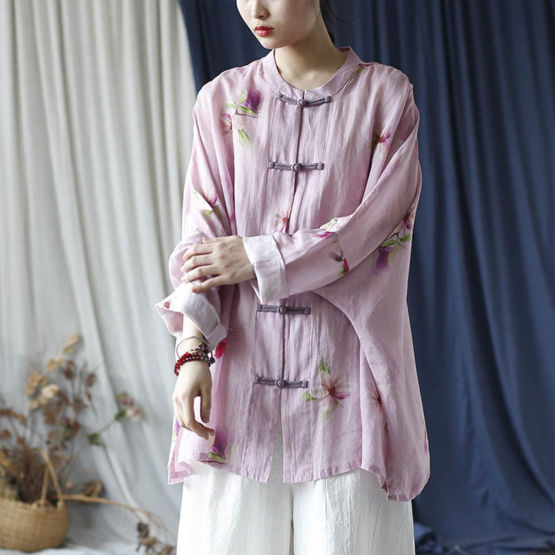 Buddha Stones Pink Flower Print Frog-button Design Batwing Long Sleeve Ramie Linen Jacket Shirt