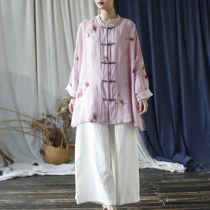 Buddha Stones Pink Flower Print Frog-button Design Batwing Long Sleeve Ramie Linen Jacket Shirt