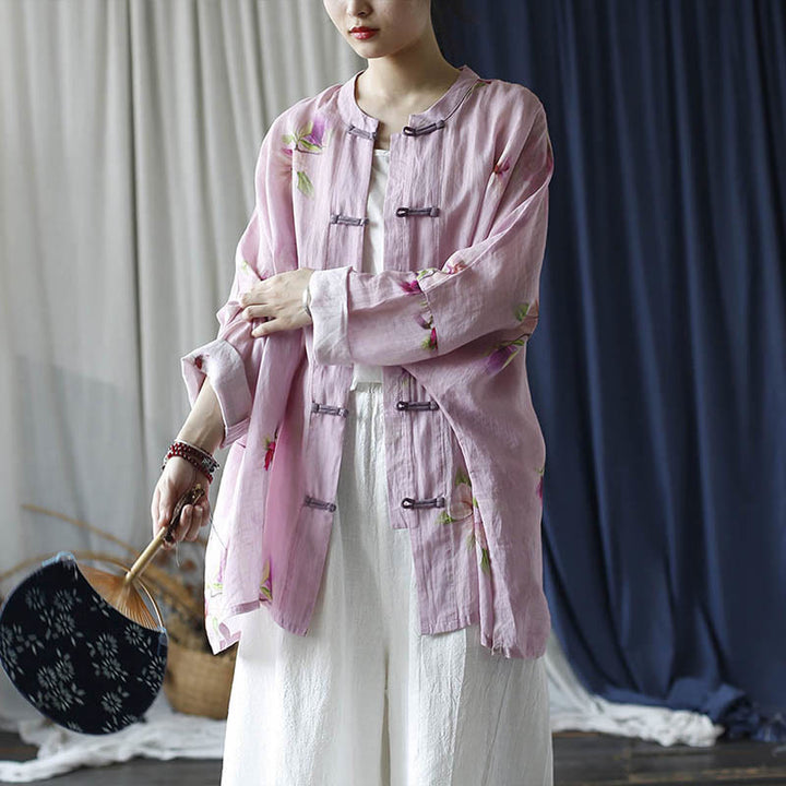 Buddha Stones Pink Flower Print Frog-button Design Batwing Long Sleeve Ramie Linen Jacket Shirt