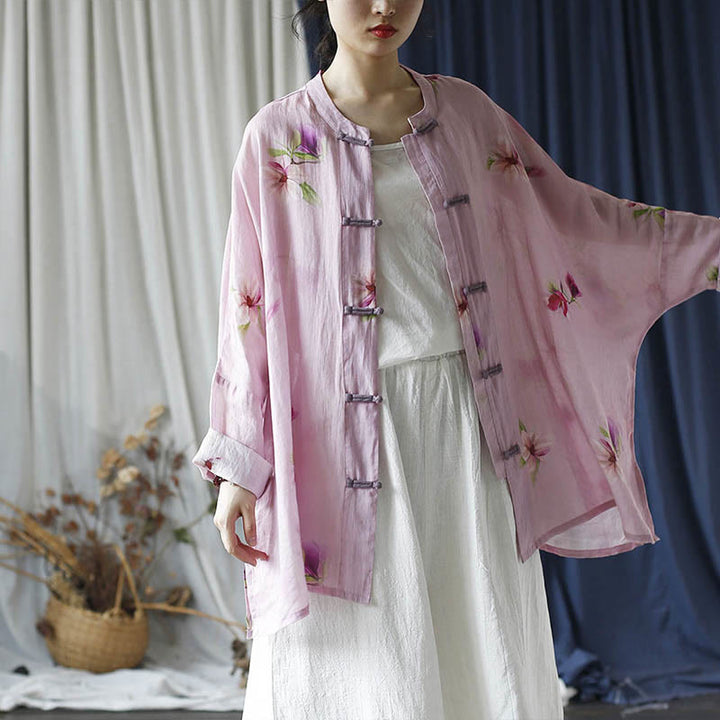 Buddha Stones Pink Flower Print Frog-button Design Batwing Long Sleeve Ramie Linen Jacket Shirt