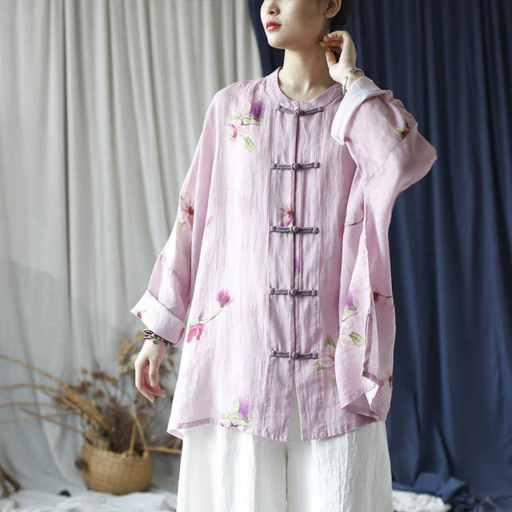 Buddha Stones Pink Flower Print Frog-button Design Batwing Long Sleeve Ramie Linen Jacket Shirt