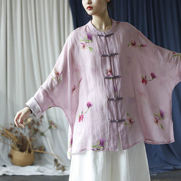 Buddha Stones Pink Flower Print Frog-button Design Batwing Long Sleeve Ramie Linen Jacket Shirt