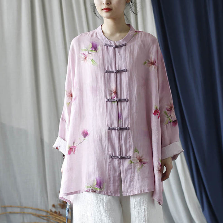 Buddha Stones Pink Flower Print Frog-button Design Batwing Long Sleeve Ramie Linen Jacket Shirt