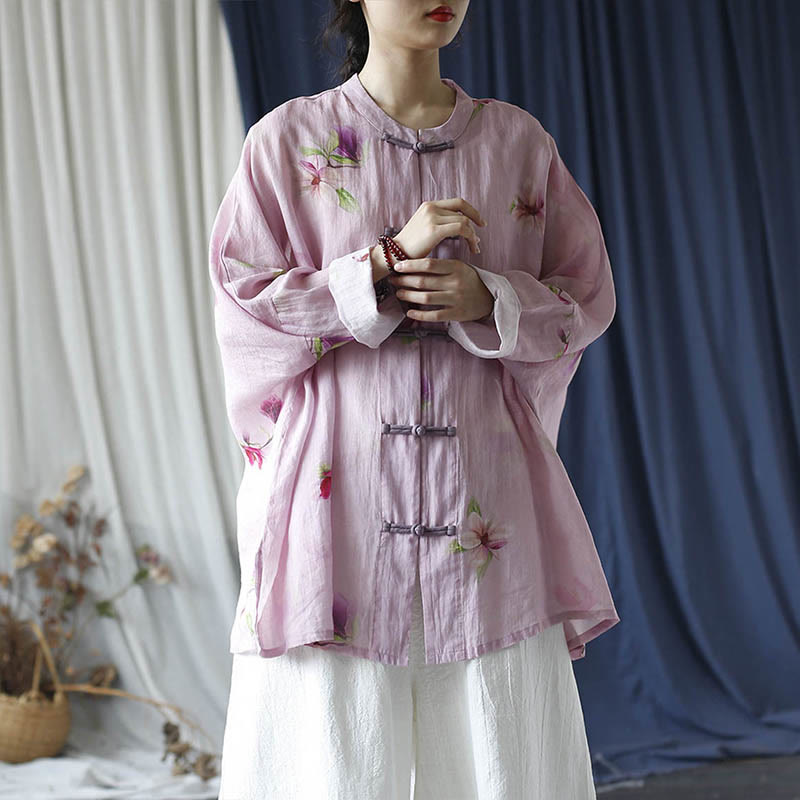 Buddha Stones Pink Flower Print Frog-button Design Batwing Long Sleeve Ramie Linen Jacket Shirt