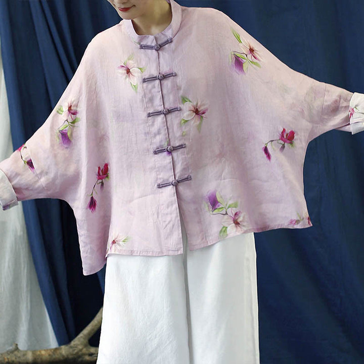 Buddha Stones Pink Flower Print Frog-button Design Batwing Long Sleeve Ramie Linen Jacket Shirt - image 12