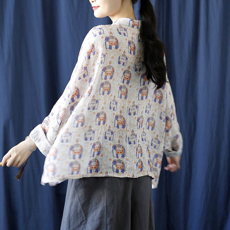 Buddha Stones Elephant Print Frog-button Design Batwing Long Sleeve Ramie Linen Jacket Shirt