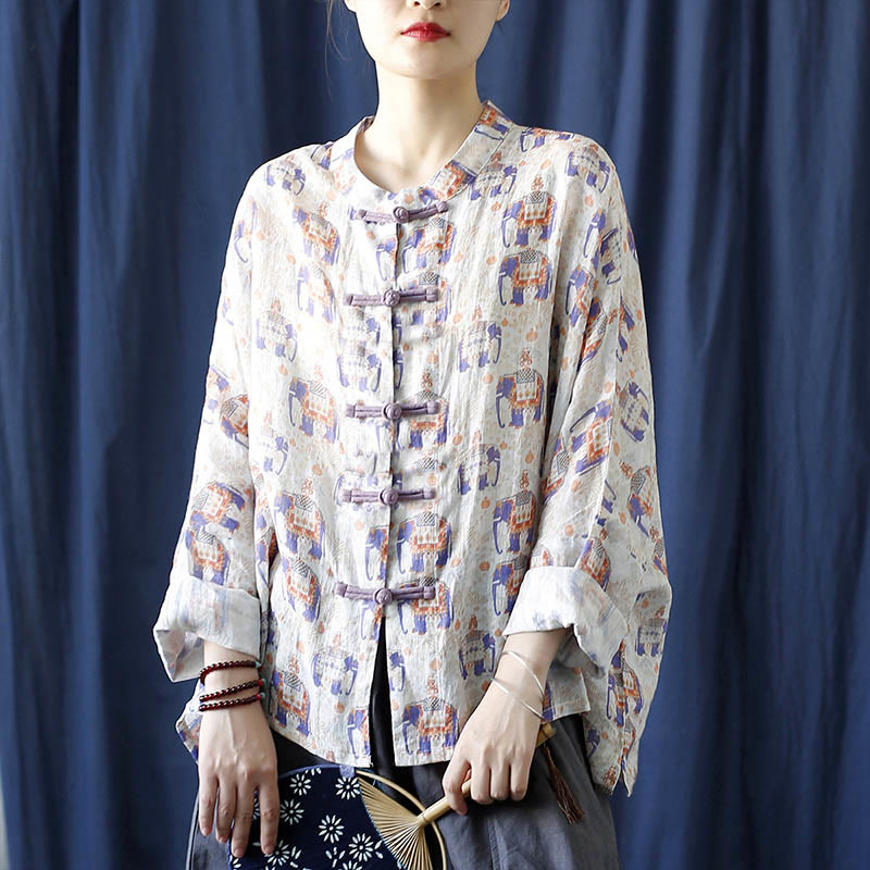 Buddha Stones Elephant Print Frog-button Design Batwing Long Sleeve Ramie Linen Jacket Shirt