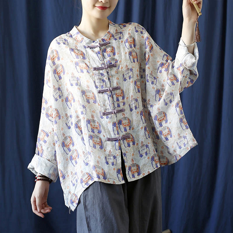 Buddha Stones Elephant Print Frog-button Design Batwing Long Sleeve Ramie Linen Jacket Shirt