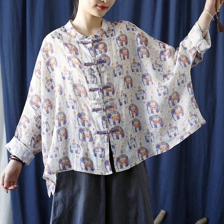 Buddha Stones Elephant Print Frog-button Design Batwing Long Sleeve Ramie Linen Jacket Shirt