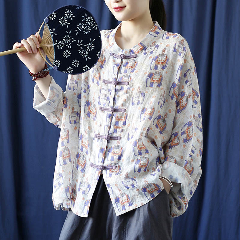 Buddha Stones Elephant Print Frog-button Design Batwing Long Sleeve Ramie Linen Jacket Shirt