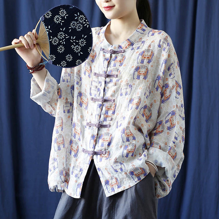 Buddha Stones Elephant Print Frog-button Design Batwing Long Sleeve Ramie Linen Jacket Shirt