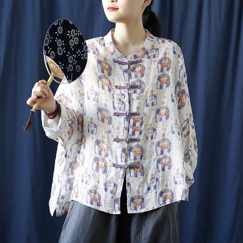 Buddha Stones Elephant Print Frog-button Design Batwing Long Sleeve Ramie Linen Jacket Shirt