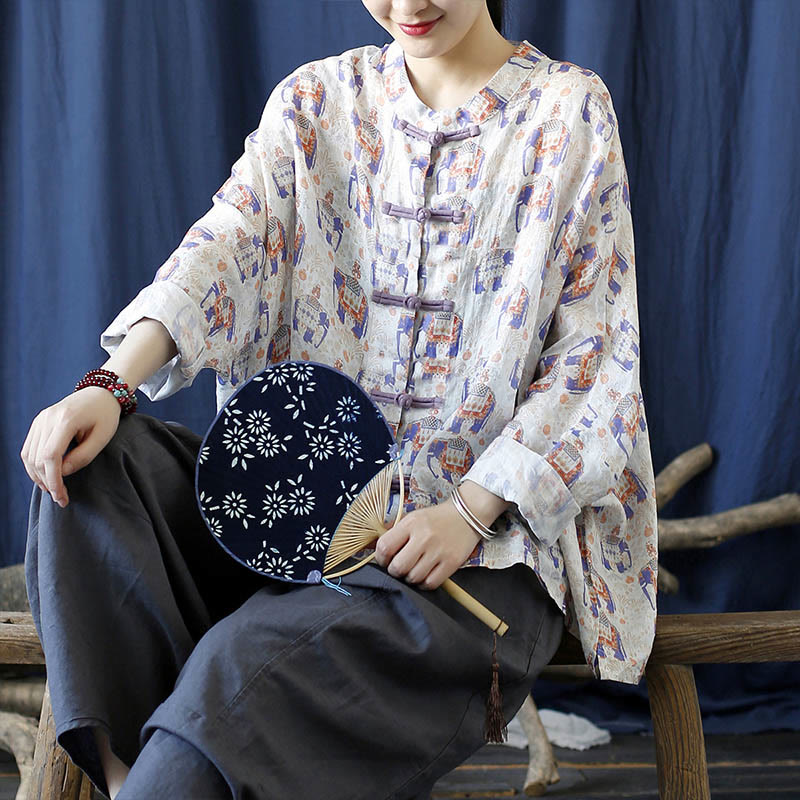 Buddha Stones Elephant Print Frog-button Design Batwing Long Sleeve Ramie Linen Jacket Shirt