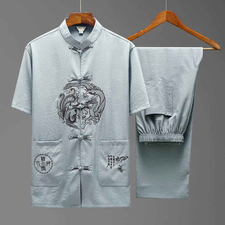 Buddha Stones Dragon Fu Character Tang Suit Traditional Short Sleeve Shirt Wide Leg Pants Clothing Men's Set - Light Gray(Top&Pants) - US/UK/AU44，EU54 (4XL) - image 16