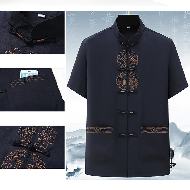 Buddha Stones Fu Character Chinese Knotting Embroidery Tang Suit Traditional Short Sleeve Top Pants Clothing Men's Set