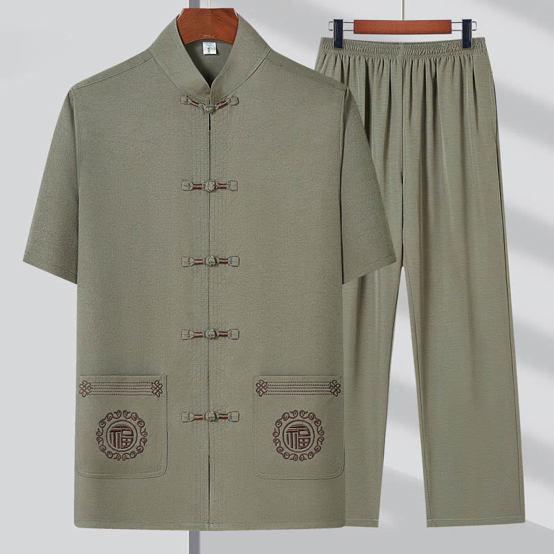 Buddha Stones Fu Character Embroidery Tang Suit Traditional Frog-Button Short Sleeve Top Pants Clothing Men's Set - Light Green(Top&Pants) - US/UK/AU44，EU54 (4XL) - image 0