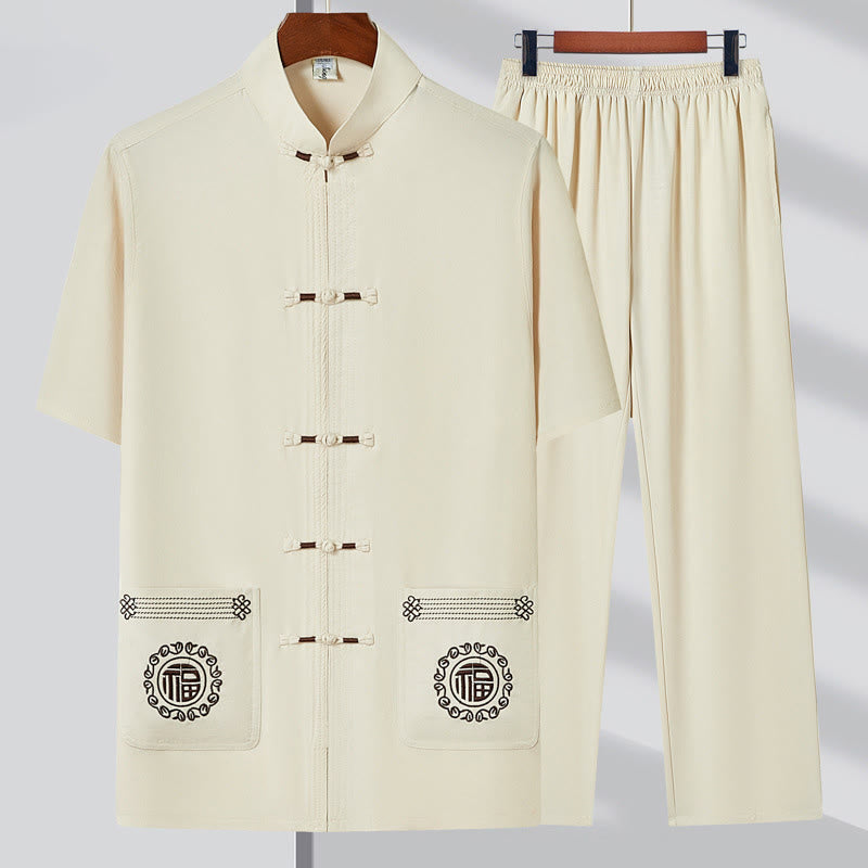 Buddha Stones Fu Character Embroidery Tang Suit Traditional Frog-Button Short Sleeve Top Pants Clothing Men's Set - Beige(Top&Pants) - US/UK/AU44，EU54 (4XL) - image 2