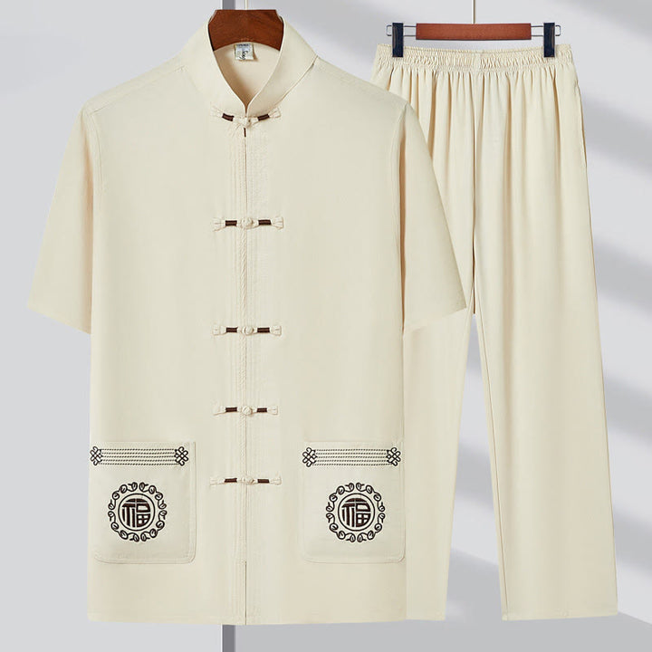 Buddha Stones Fu Character Embroidery Tang Suit Traditional Frog-Button Short Sleeve Top Pants Clothing Men's Set - Beige(Top&Pants) - US/UK/AU44，EU54 (4XL) - image 2
