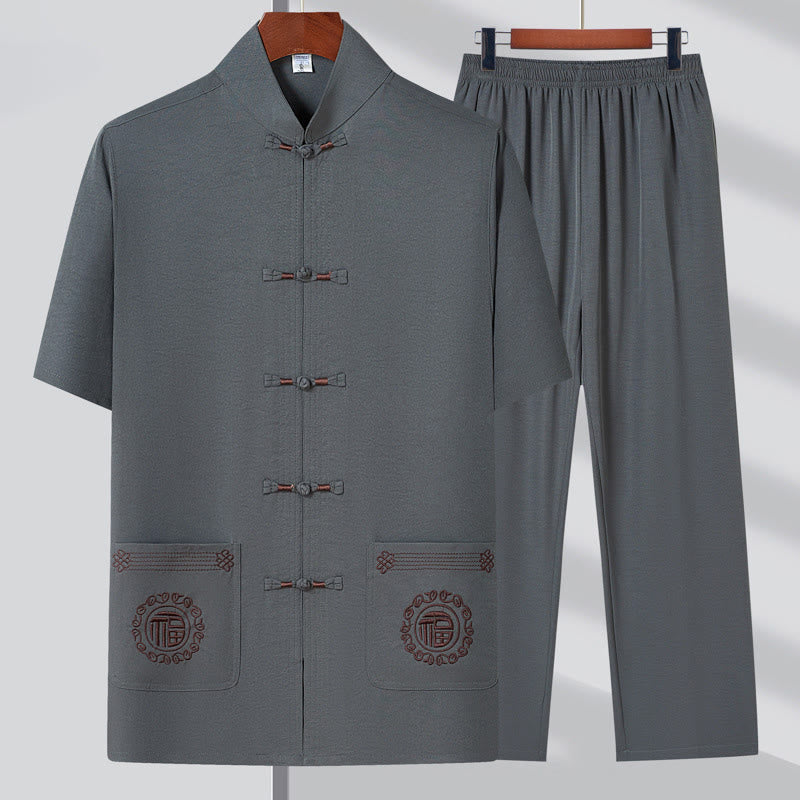 Buddha Stones Fu Character Embroidery Tang Suit Traditional Frog-Button Short Sleeve Top Pants Clothing Men's Set - Gray(Top&Pants) - US/UK/AU44，EU54 (4XL) - image 3