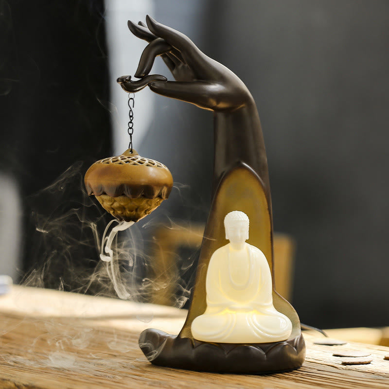 Buddha Stones Led Buddha Hand Backflow Smoke Fountain Healing Ceramic Stick Incense Burner Decoration - Buddha Hand 17*34.5cm - image 0