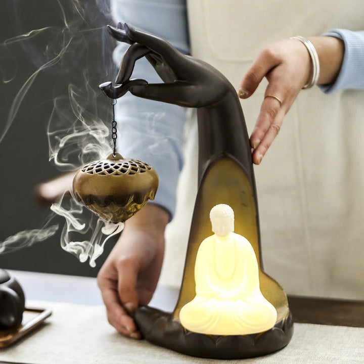 Buddha Stones Led Buddha Hand Backflow Smoke Fountain Healing Ceramic Stick Incense Burner Decoration - image 3