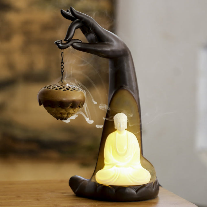 Buddha Stones Led Buddha Hand Backflow Smoke Fountain Healing Ceramic Stick Incense Burner Decoration