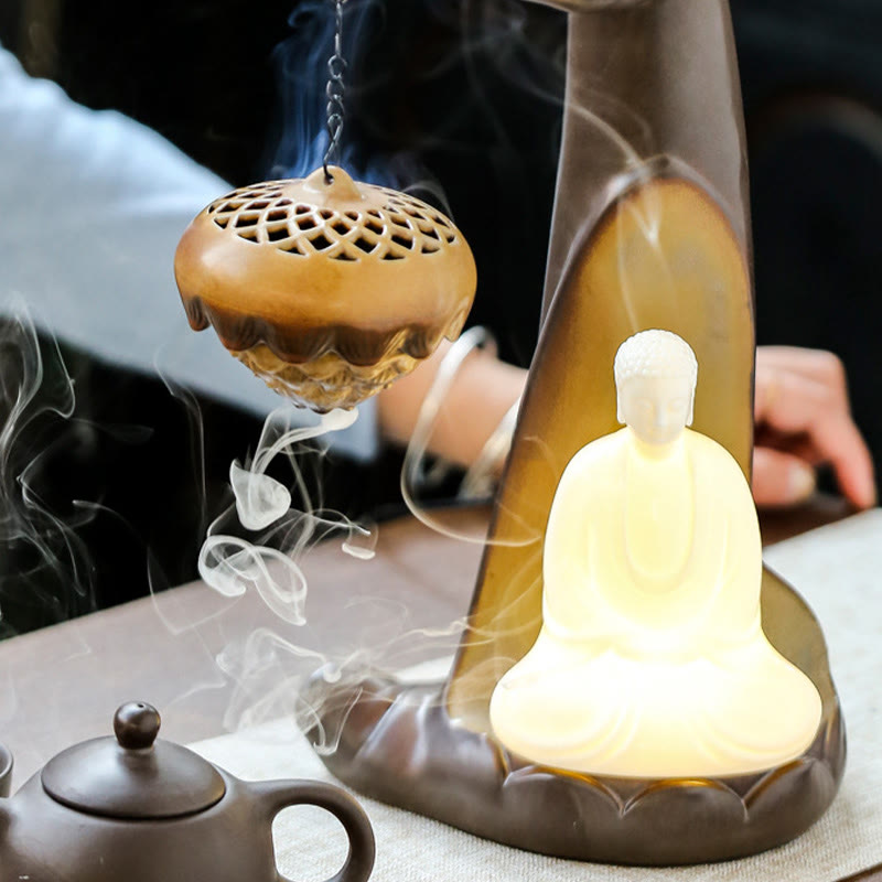 Buddha Stones Led Buddha Hand Backflow Smoke Fountain Healing Ceramic Stick Incense Burner Decoration