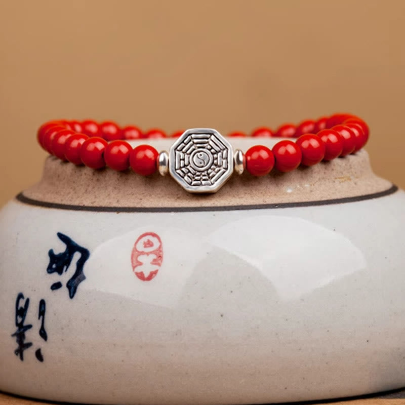 Buddha Stones 925 Sterling Silver Yin Yang Bagua Symbol Cinnabar String Concentration Bracelet