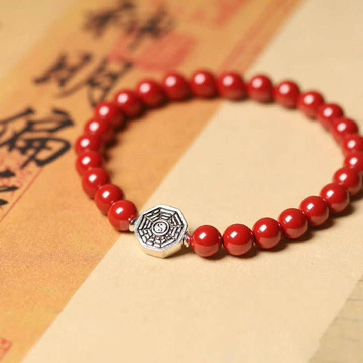 Buddha Stones 925 Sterling Silver Yin Yang Bagua Symbol Cinnabar String Concentration Bracelet