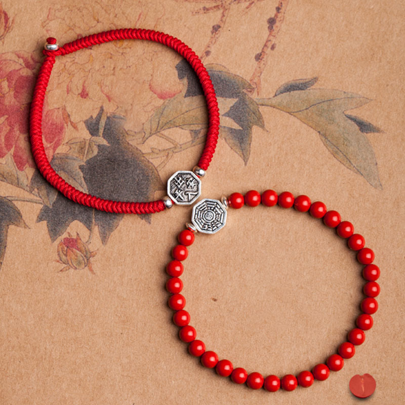 Buddha Stones 925 Sterling Silver Yin Yang Bagua Symbol Cinnabar String Concentration Bracelet