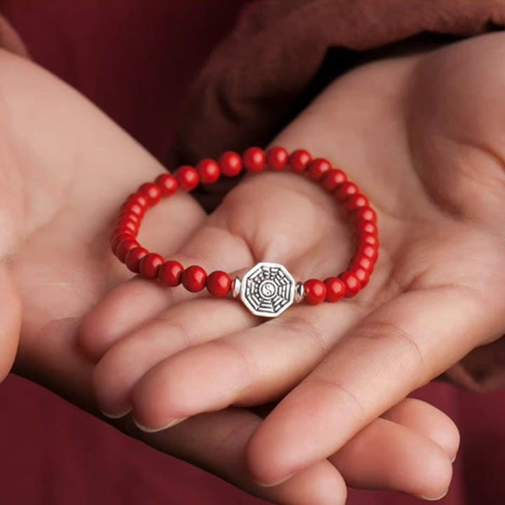 Buddha Stones 925 Sterling Silver Yin Yang Bagua Symbol Cinnabar String Concentration Bracelet