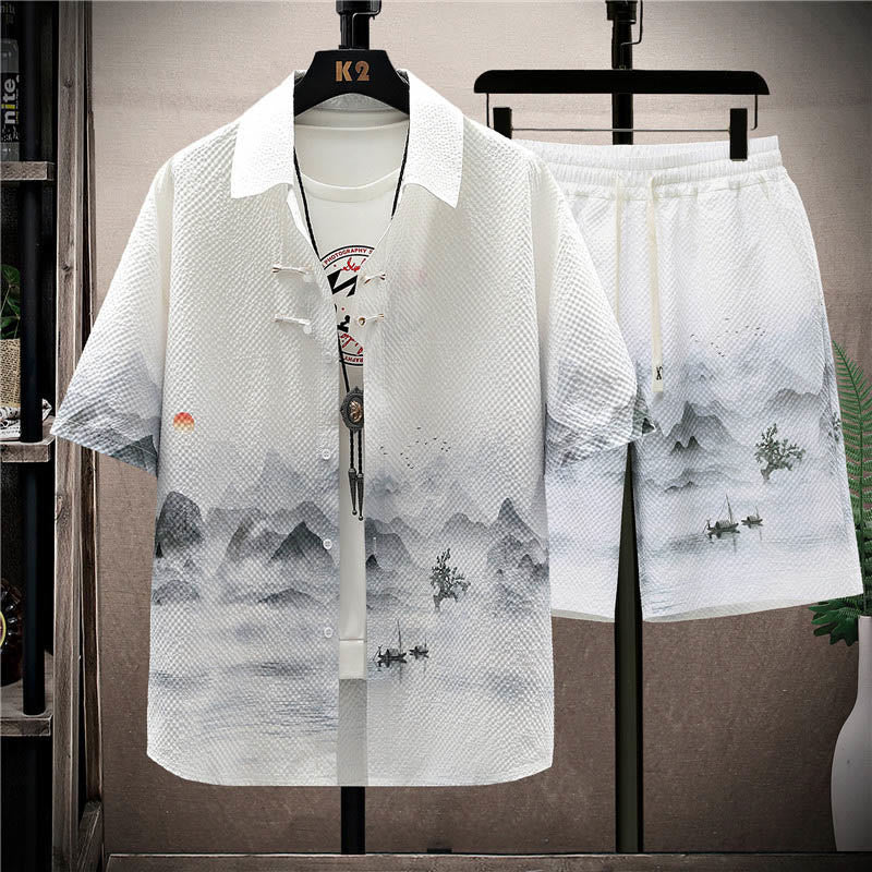 Buddha Stones Landscape Coconut Trees Magpie Pattern Short Sleeve Shorts Men's Set