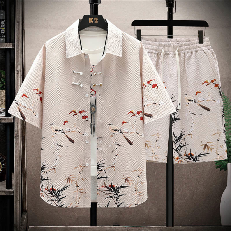 Buddha Stones Landscape Coconut Trees Magpie Pattern Short Sleeve Shorts Men's Set