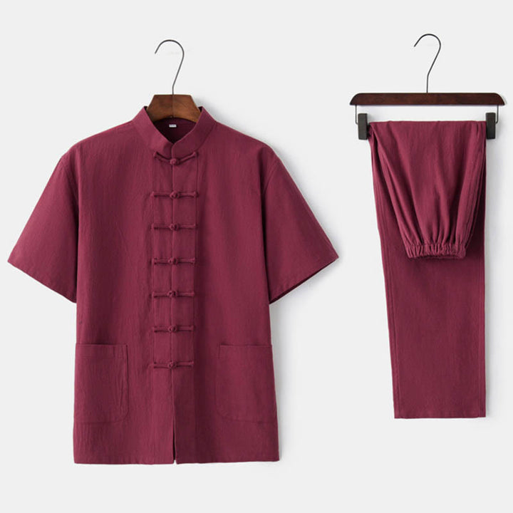 Buddha Stones Solid Color Frog-Button Tang Suit Traditional Cotton Linen Short Sleeve Top Pants Clothing Men's Set - Red(Top&Pants) - US/UK/AU44，EU54 (4XL)  - image 9