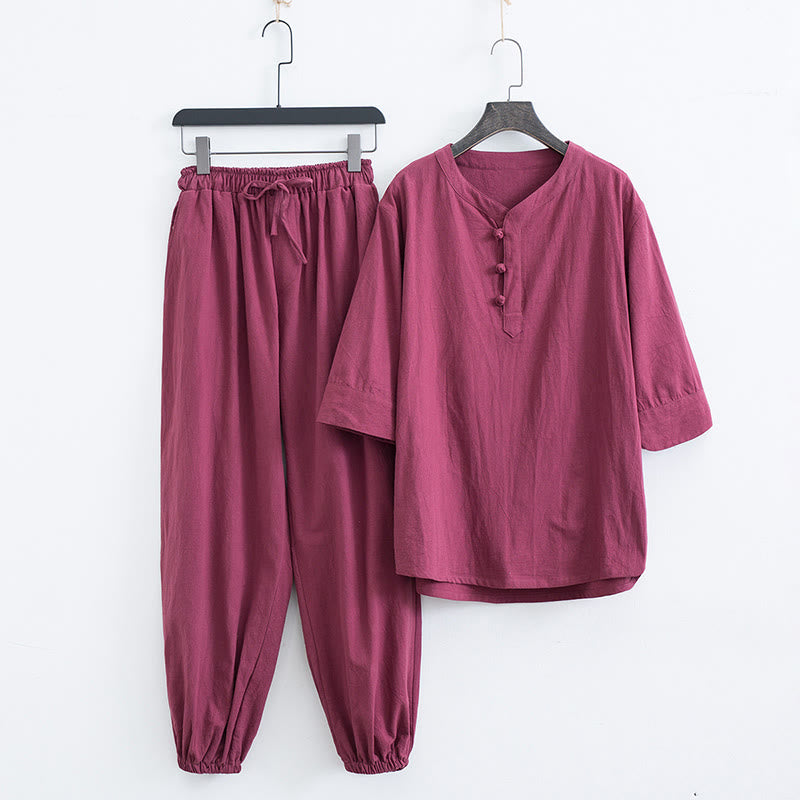 Buddha Stones Solid Color Traditional Short Sleeve T-shirt Pants Clothing Men's Set - Red(Top&Pants) - US/UK/AU44，EU54 (4XL) - image 14