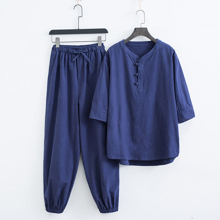 Buddha Stones Solid Color Traditional Short Sleeve T-shirt Pants Clothing Men's Set - Navy Blue(Top&Pants) - US/UK/AU44，EU54 (4XL) - image 12