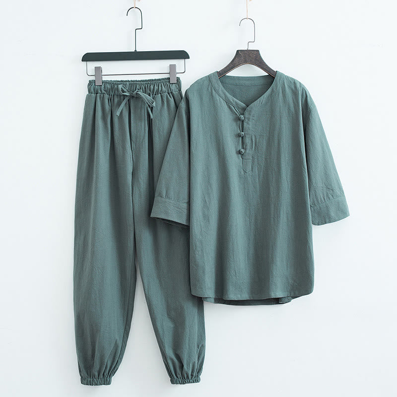 Buddha Stones Solid Color Traditional Short Sleeve T-shirt Pants Clothing Men's Set - Green(Top&Pants) - US/UK/AU44，EU54 (4XL) - image 0