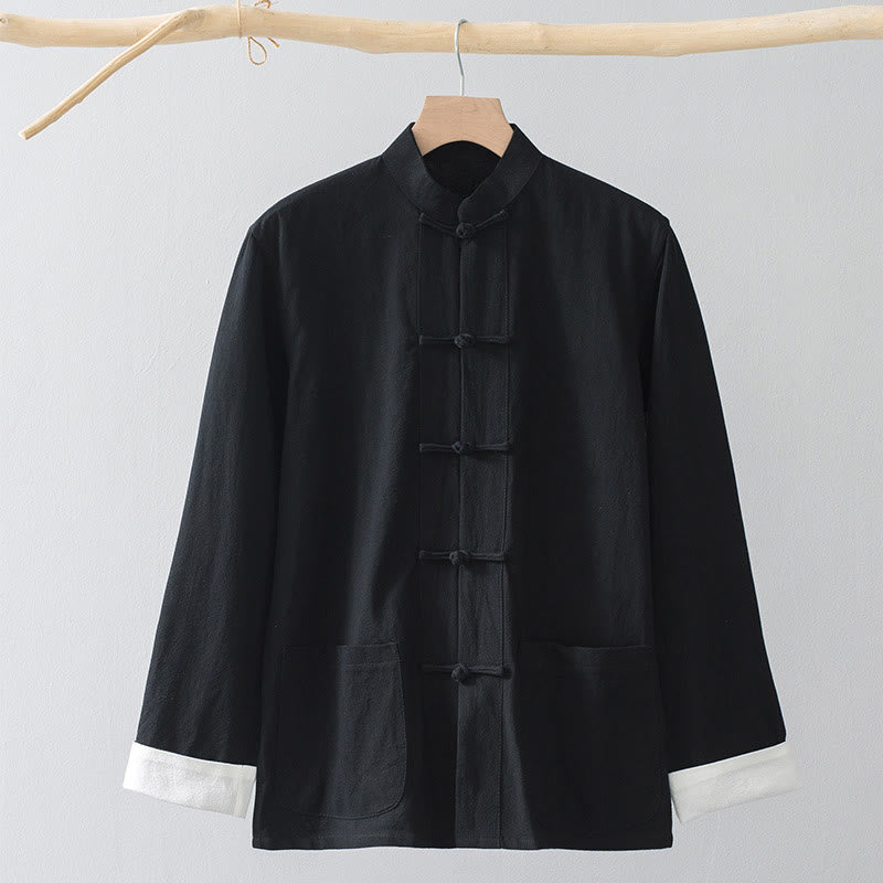 Buddha Stones Frog-Button Chinese Tang Suit Shirt Cotton Linen Men Jacket Clothing - Black Shirt&White Frog Button - US/UK/AU44，EU54 (4XL) - image 2