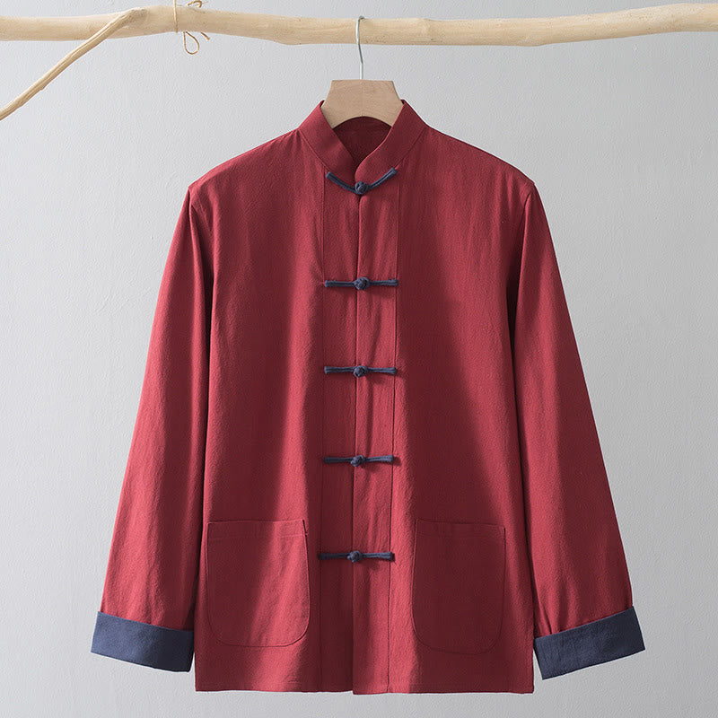 Buddha Stones Frog-Button Chinese Tang Suit Shirt Cotton Linen Men Jacket Clothing - Red Shirt&Blue Frog Button - US/UK/AU44，EU54 (4XL) - image 16