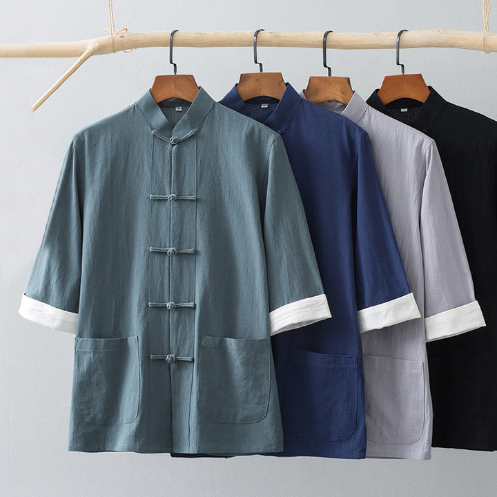 Buddha Stones Frog-Button Chinese Tang Suit Half Sleeve Shirt Cotton Men Clothing With Pockets - image 1