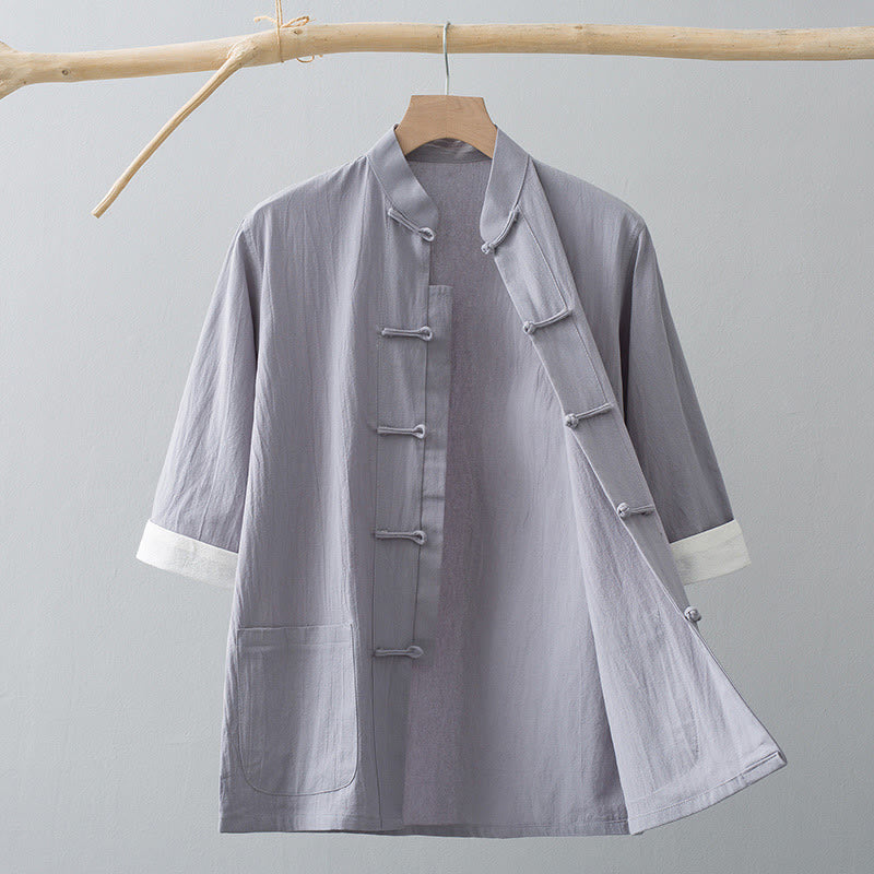Buddha Stones Frog-Button Chinese Tang Suit Half Sleeve Shirt Cotton Men Clothing With Pockets - Gray - US/UK/AU44，EU54 (4XL) - image 11