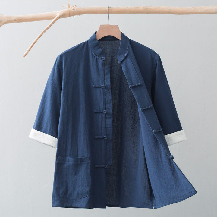 Buddha Stones Frog-Button Chinese Tang Suit Half Sleeve Shirt Cotton Men Clothing With Pockets - Navy Blue - US/UK/AU44，EU54 (4XL) - image 16