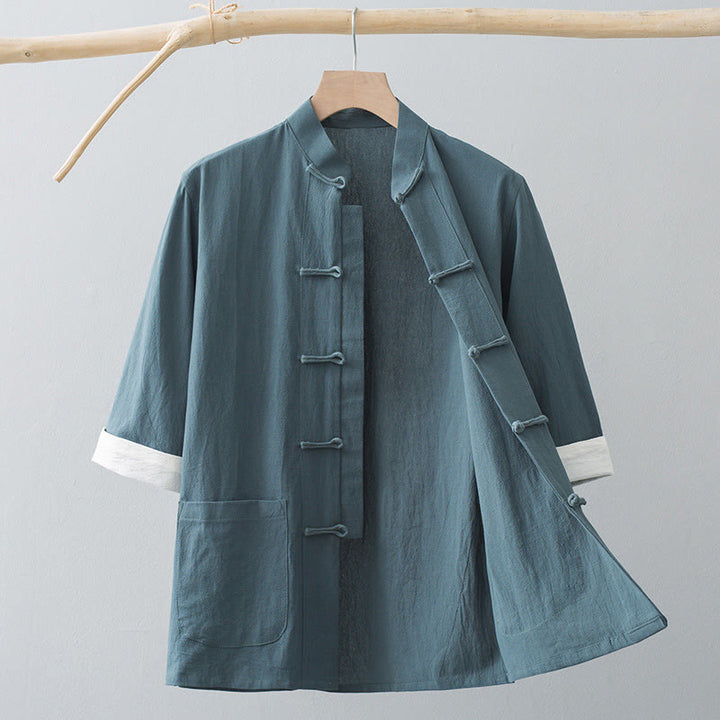 Buddha Stones Frog-Button Chinese Tang Suit Half Sleeve Shirt Cotton Men Clothing With Pockets - Gray Green - US/UK/AU44，EU54 (4XL) - image 2