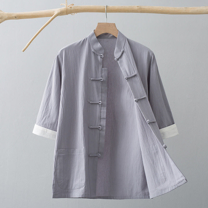 Buddha Stones Frog-Button Chinese Tang Suit Half Sleeve Shirt Cotton Men Clothing With Pockets - Gray - US/UK/AU44，EU54 (4XL) - image 10