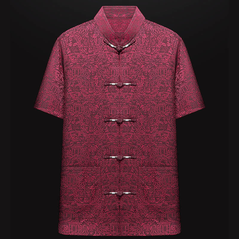 Buddha Stones Along the River During the Qingming Festival Pattern Traditional Tang Suit Short Sleeve Shirt Pants Clothing Men's Set