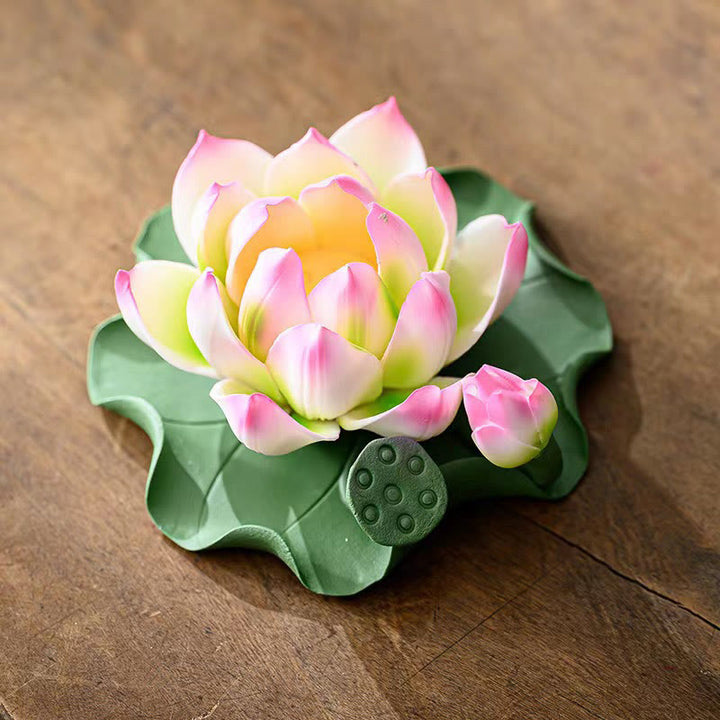 Buddha Stones Lotus Flower Leaf Pod Spiritual Healing Ceramic Stick Incense Burner Decoration