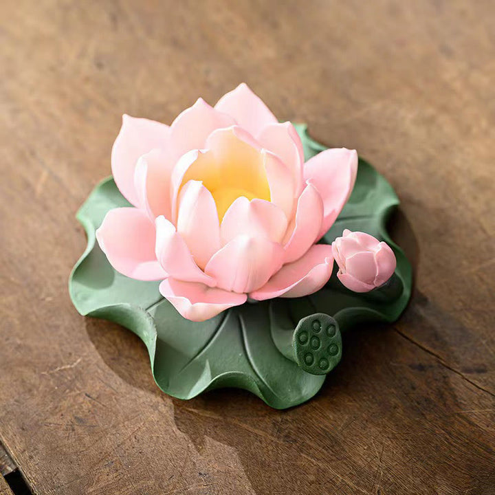 Buddha Stones Lotus Flower Leaf Pod Spiritual Healing Ceramic Stick Incense Burner Decoration