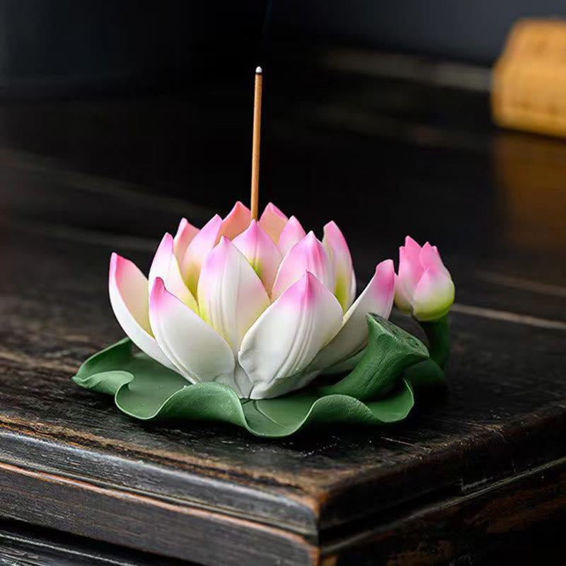 Buddha Stones Lotus Flower Leaf Pod Spiritual Healing Ceramic Stick Incense Burner Decoration