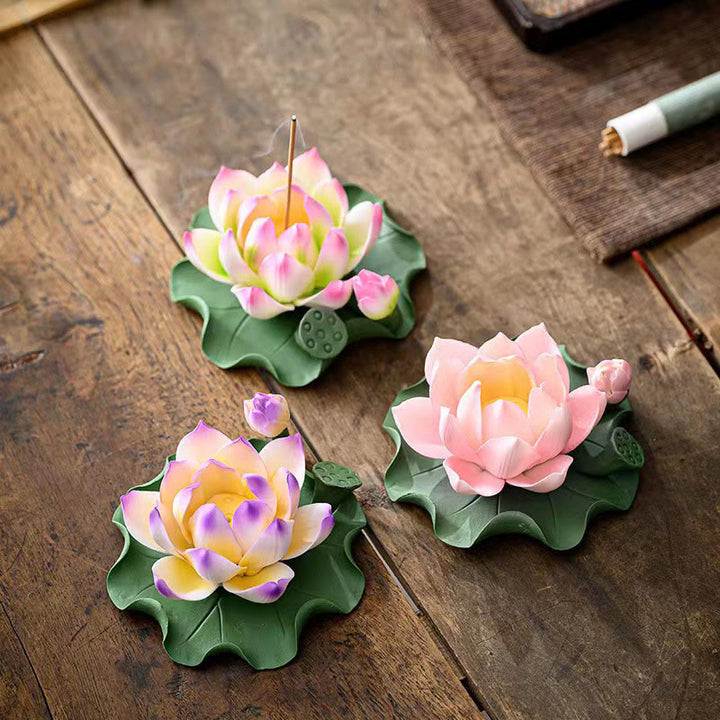 Buddha Stones Lotus Flower Leaf Pod Spiritual Healing Ceramic Stick Incense Burner Decoration